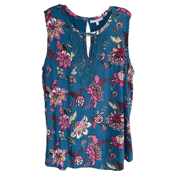Daniel Rainn Women's Floral Flow Tank with Crochet Neckline Plus Size 2X Blue - Picture 2 of 9
